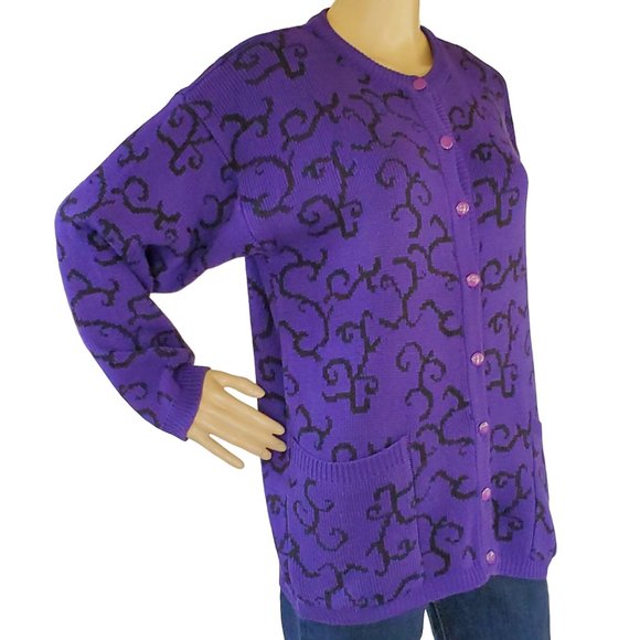Jimmy Garcia Cardigan Sweater Women's M Purple Black Long Sleeve Button Acrylic - Picture 5 of 11